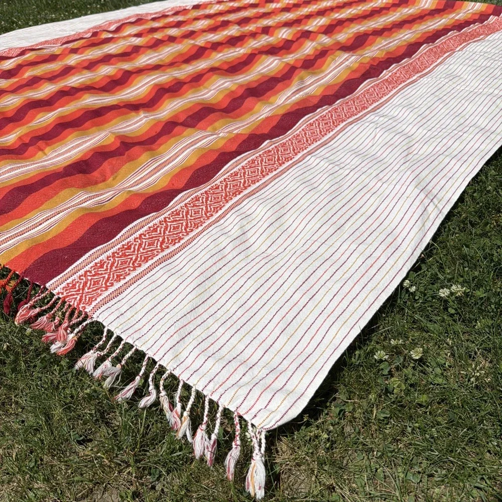 Vintage 100% Cotton Handwoven Colorful MCM Striped Blanket Rug Bangladesh 96x82